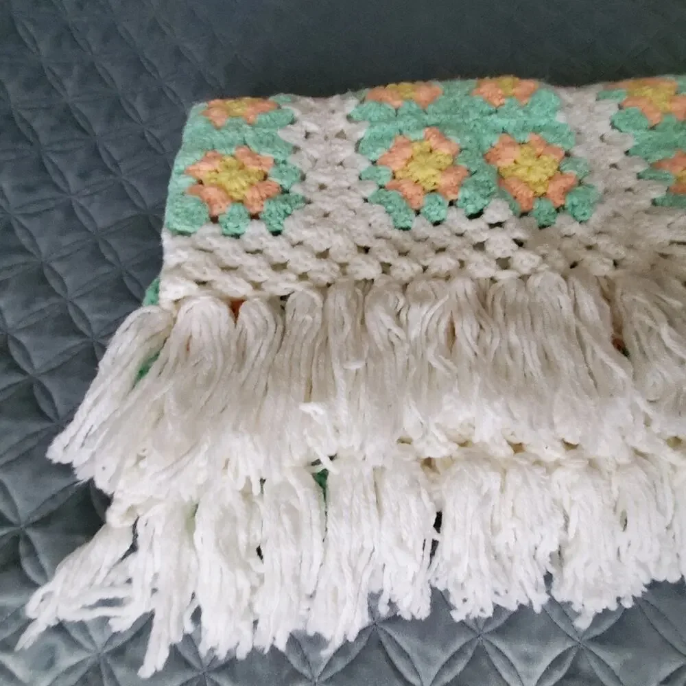 Handmade Crocheted White and green, peach colored yarn fringe throw blanket